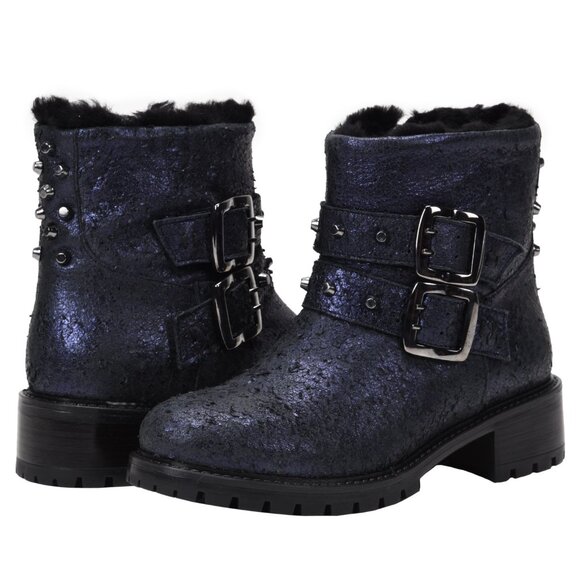 Ross and Snow Stefana Distressed Indigo Leather Moto Bootie Boots Sz 8.5